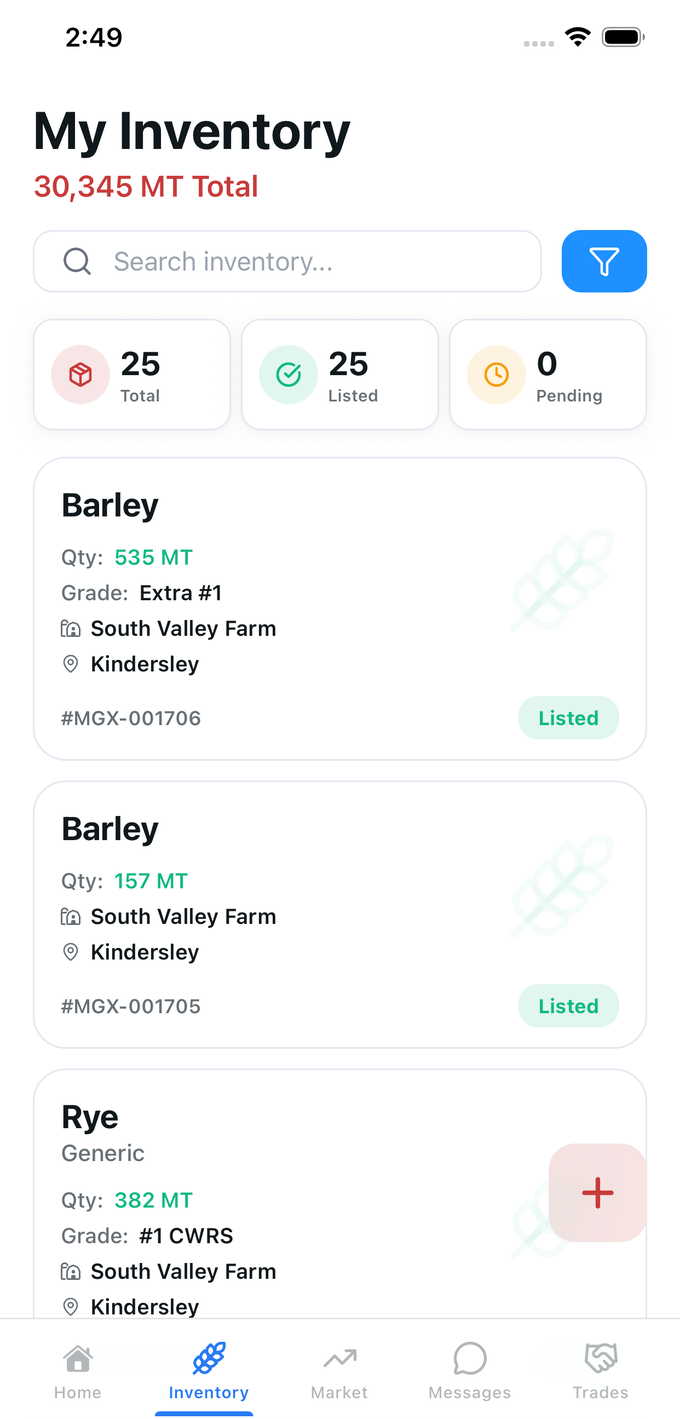 MGX Mobile App Inventory Control Screen