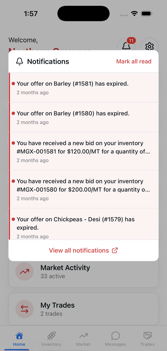 MGX Mobile App Notifications Screen