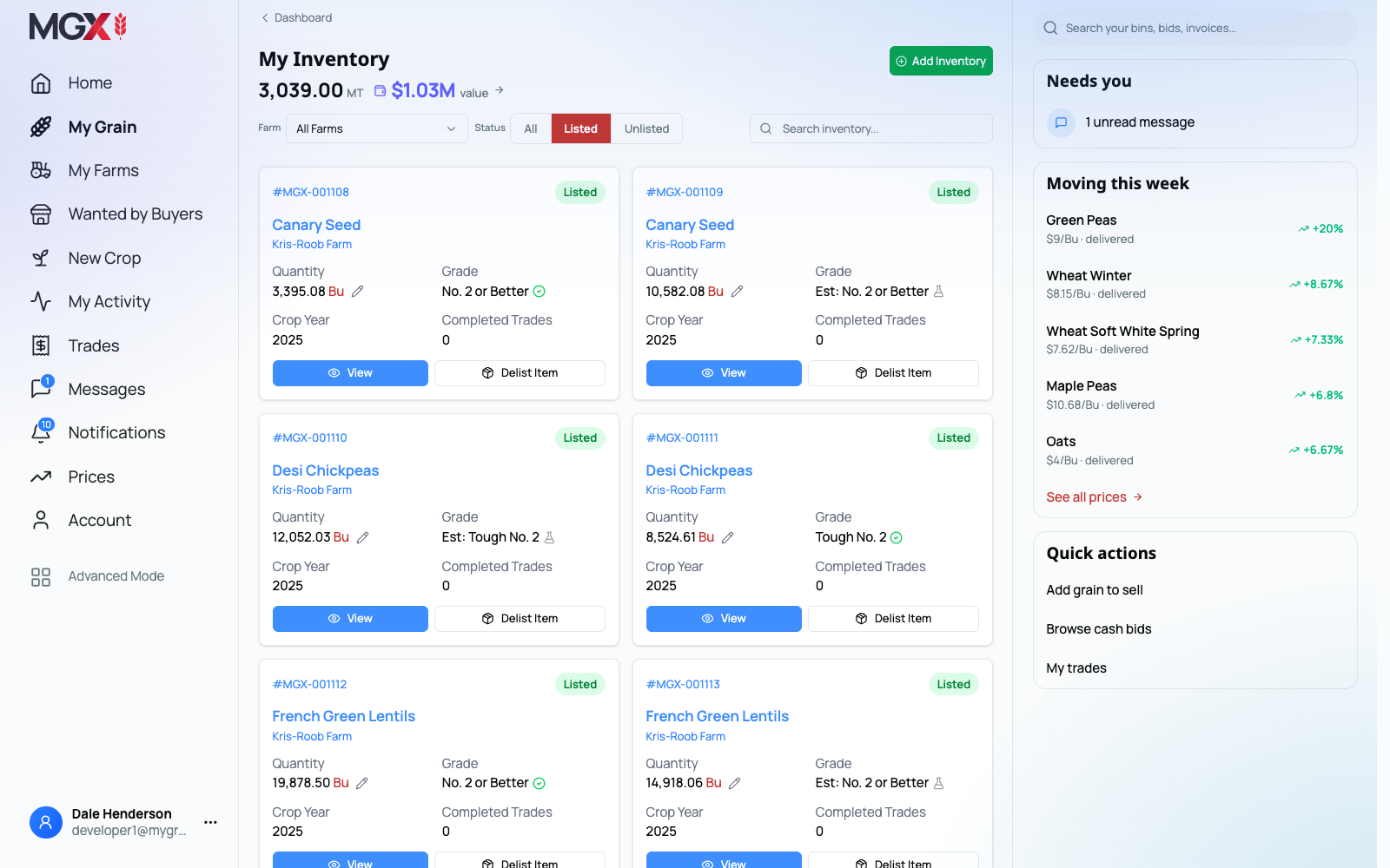 MGX Basic Mode: a demo seller’s grain inventory, simple navigation and market prices.