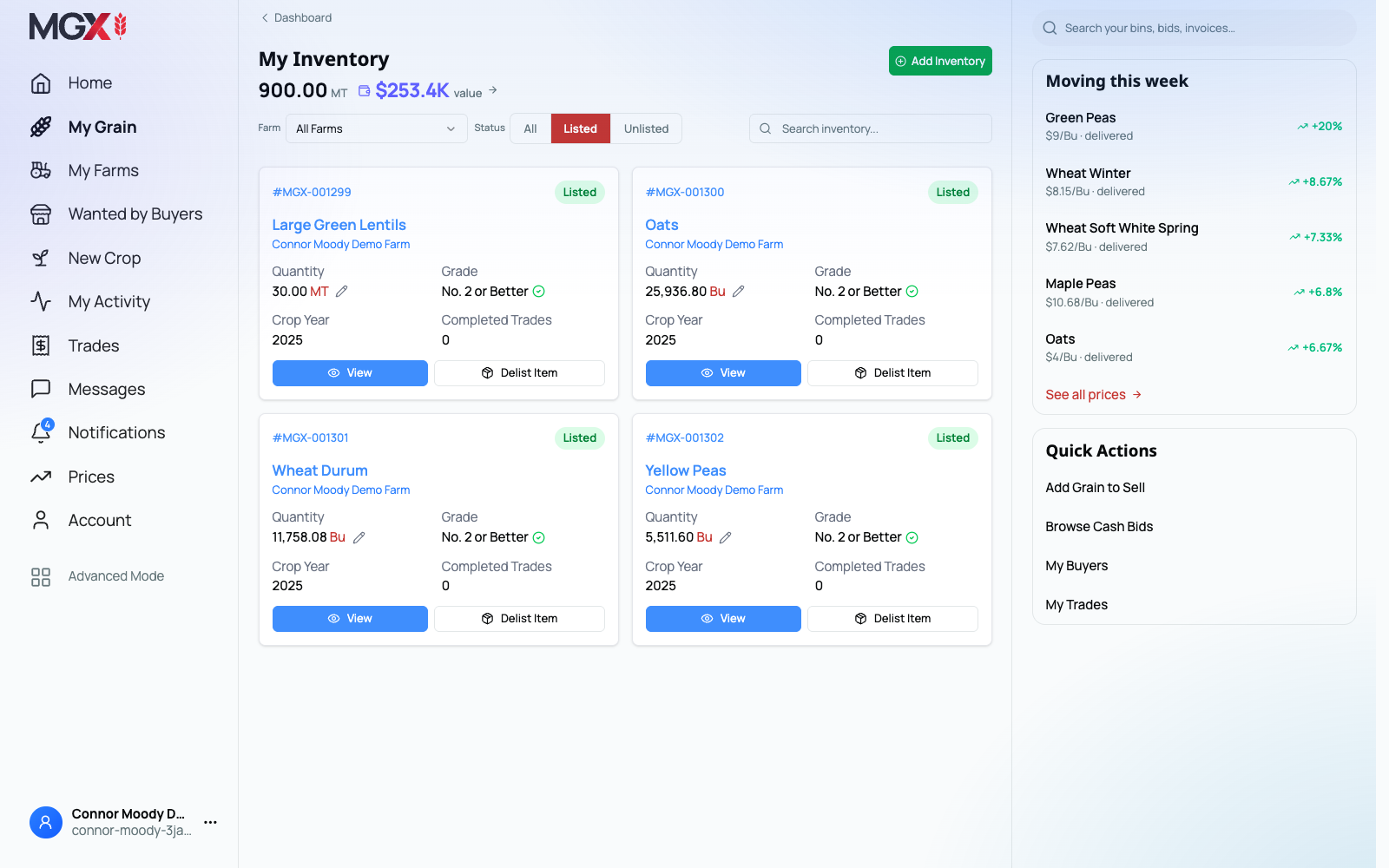 MGX Basic Mode: a demo seller’s grain inventory, simple navigation and market prices.