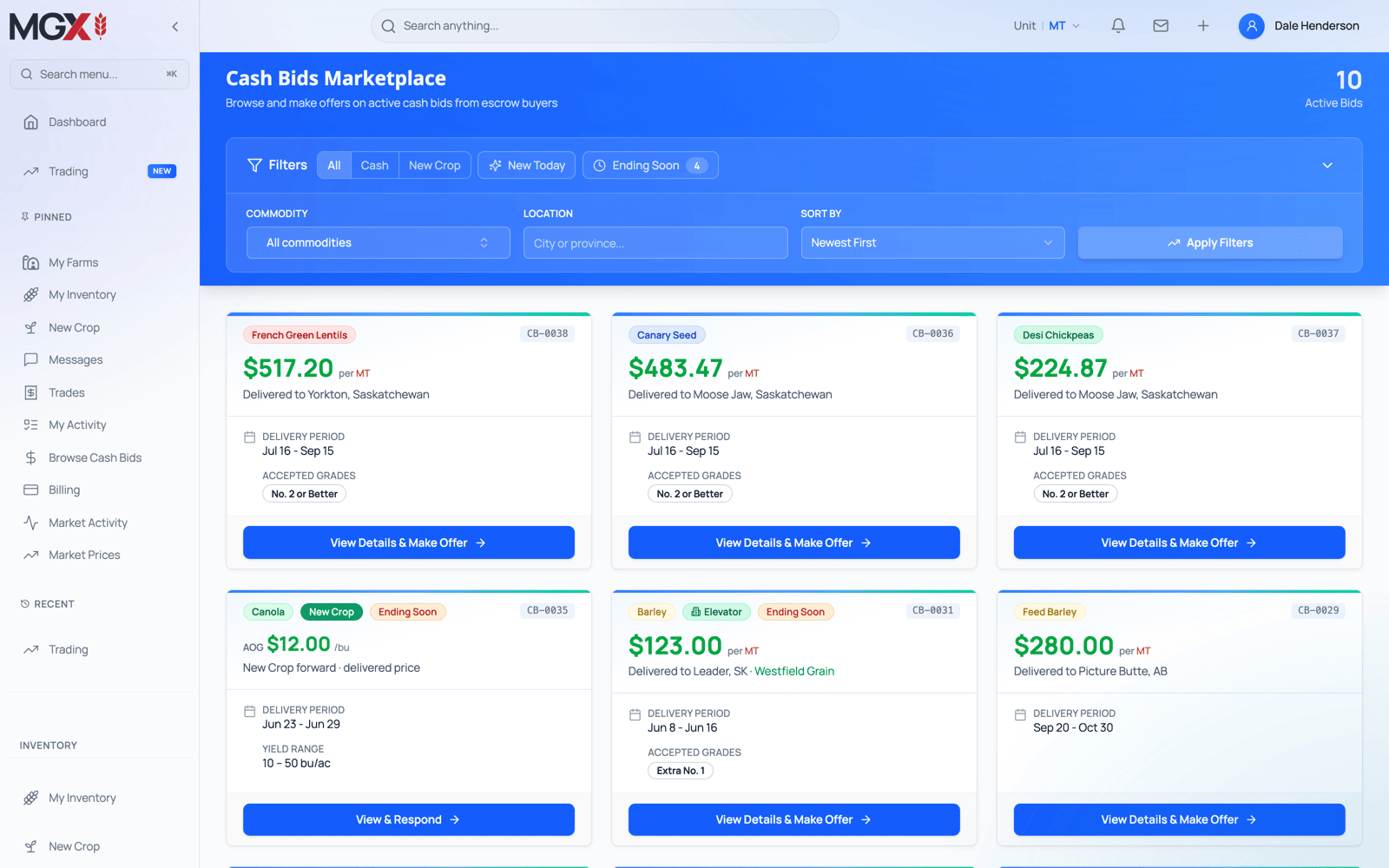 MGX cash bids marketplace — active bids with prices, delivery periods, and make-offer actions
